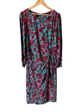 Talbots Floral Wrap Dress Size 18 NWT Teal Pink Ruched Midi Career Spring
